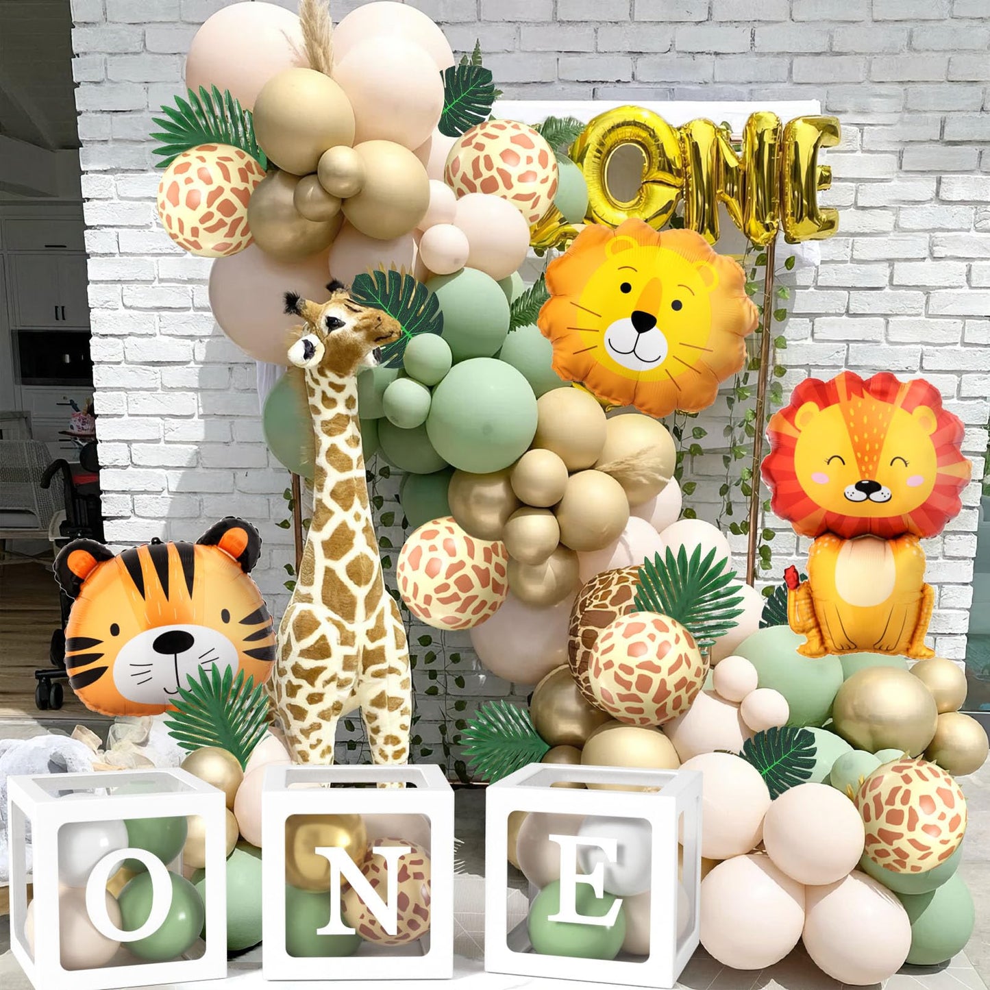 Jungle Safari Decor 1st Birthday Boy Wild One Birthday Decor with Sage Green Balloons Garland Balloon Box Safari Kids Birthday Decor Baby Shower Baptism Tropical Birthday Party Decor