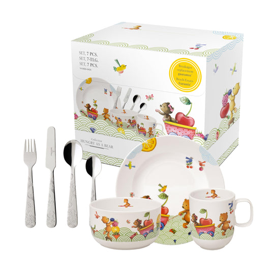 Villeroy & Boch - Hungry As A Bear Set with children's cutlery and tableware (7 pieces). Dishwasher safe, microwave safe. Includes: children's plate, children's cup, children's cutlery set. Made of premium porcelain/stainless steel.