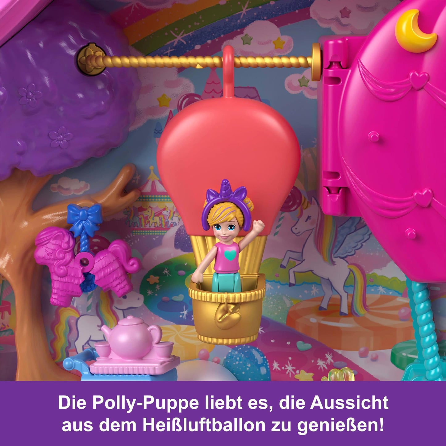 Polly Pocket dolls and playset with animals and over 25 surprise accessories, Unicorn Partyland playset for birthdays, hot air balloon ride, HYD96