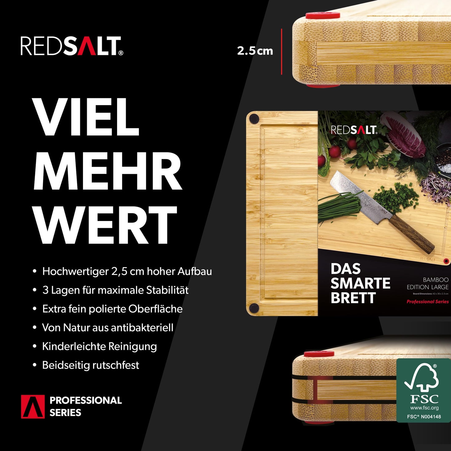 REDSALT® innovative organic bamboo cutting board non-slip M 36x26x2.5cm | Large wooden board can be used on both sides with deep juice groove | FSC certified premium cutting board kitchen gift sustainable.