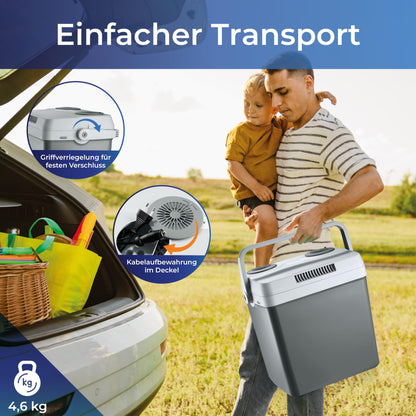 KLAMER electric cooling box 25 liters with cooling and warming function, 2 connections: 230V & 12V for cigarette lighter, car cooling box for camping, garden & outings, gray