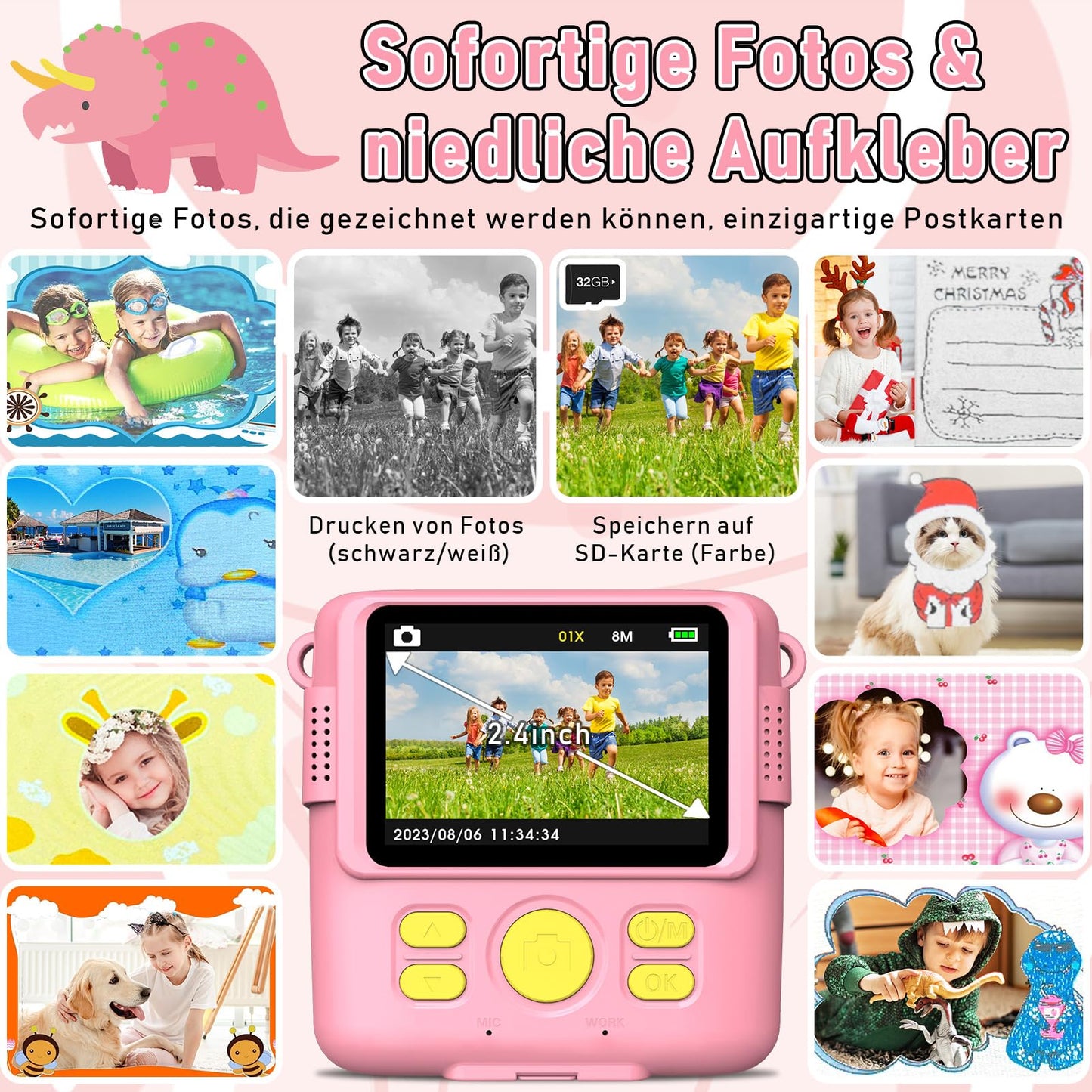 MILFECH Kids Camera Instant Camera, 1080P 2.4 Inch Screen Digital Camera for Kids with 5 rolls of printing paper, 32GB card, camera with 6 colored pens, 2 stickers. Perfect gift for kids (Pink)