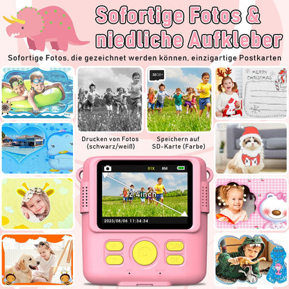 MILFECH Kids Camera Instant Camera, 1080P 2.4 Inch Screen Digital Camera for Kids with 5 rolls of printing paper, 32GB card, camera with 6 colored pens, 2 stickers. Perfect gift for kids (Pink)