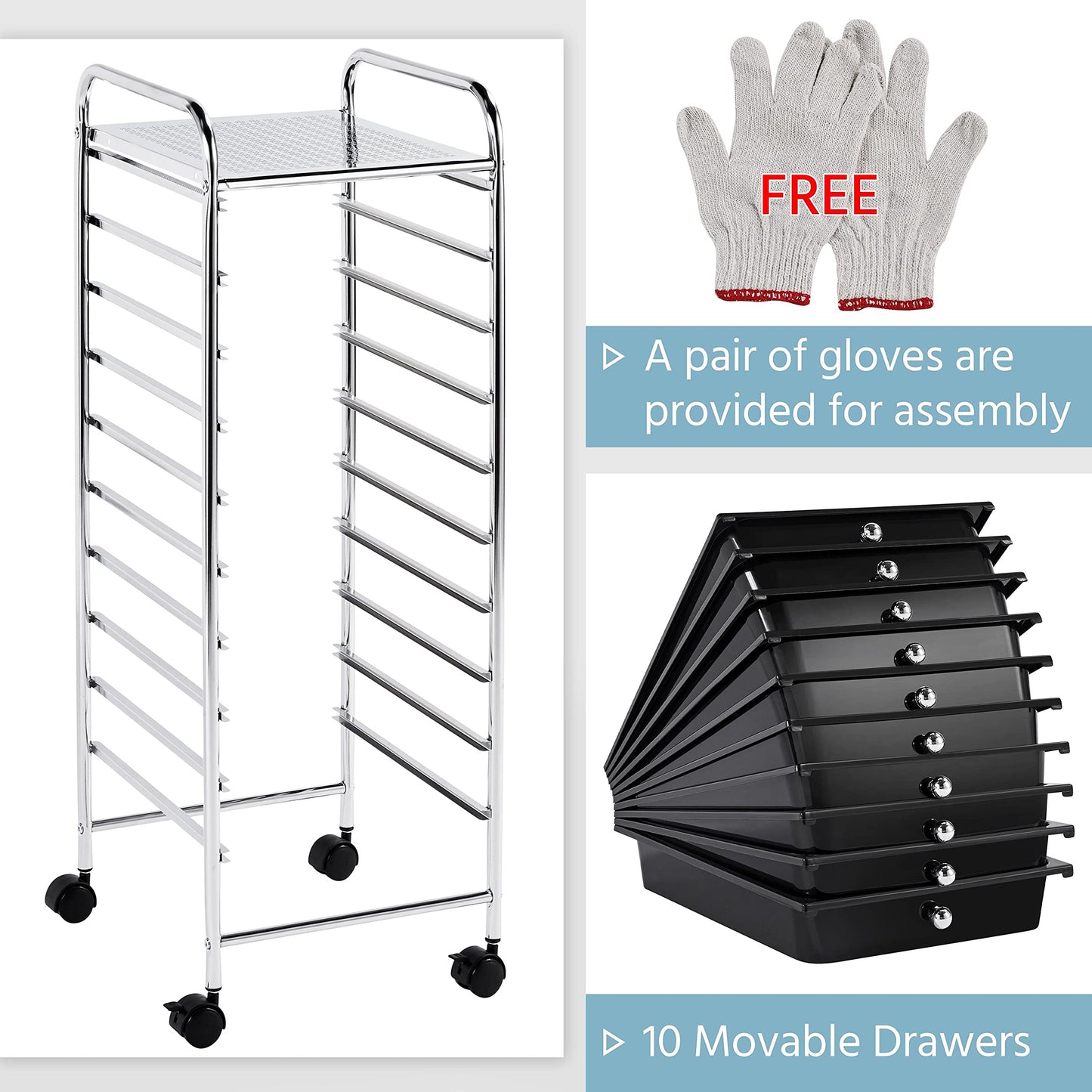 Yaheetech bathroom cart with 10 stackable drawers and metal frame. Bathroom trolley with shelves, 32×36.5×90.5 cm black.