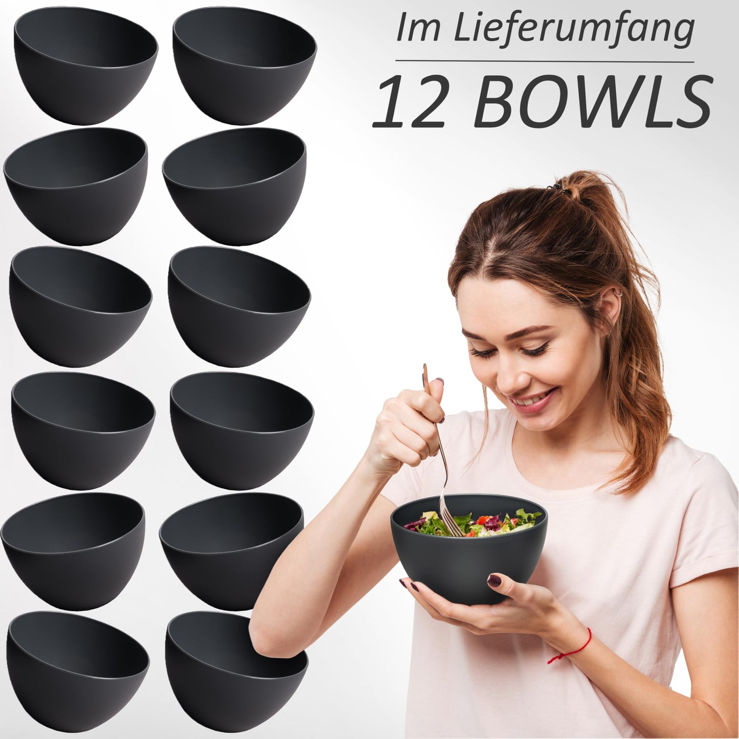 Household Cereal Bowls 12 piece set, shatterproof plastic bowls and dishes, can be used as soup bowls, bowls, and dessert bowls (Matte Anthracite Black, 12 x 750 ml)