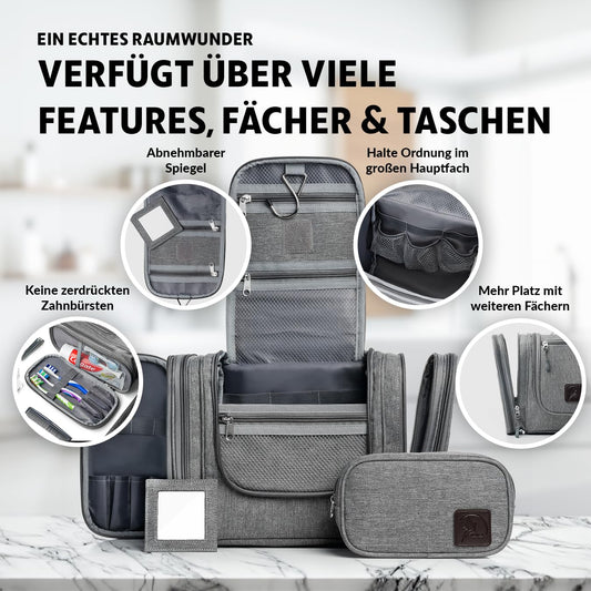 Obics toiletry bag men & women large grey 8L XL - toiletry bag with mirror & hanging hook - bathroom bag with handle - cosmetic bag large - travel toiletry bag 10 compartments for camping travel