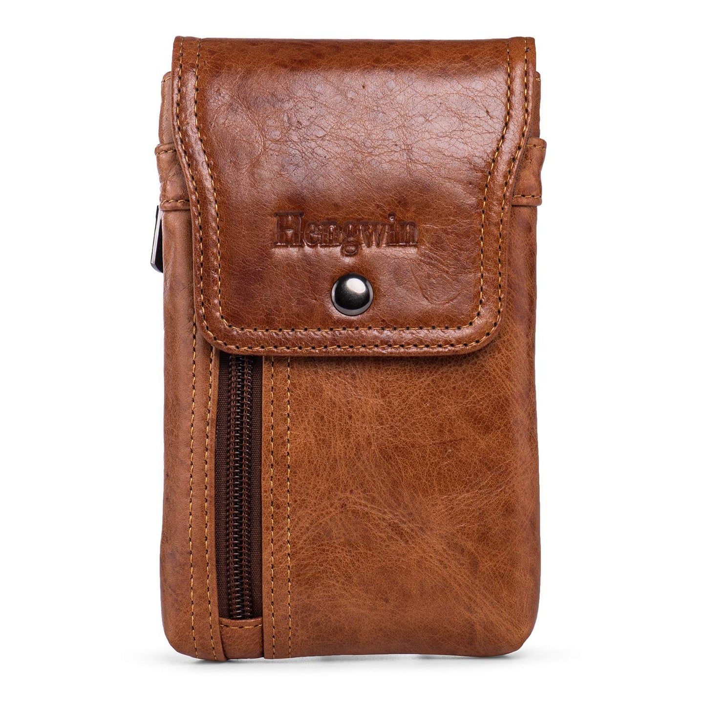 Hengwin Men's Cowhide Dual Phone Belt Pouch with Zipper Pocket, Leather Phone Holster Case for iPhone 16 15 14 Pro Max, Samsung S25 S24 Ultra Smartphone Smaller than 17.78 cm, XL (Brown)