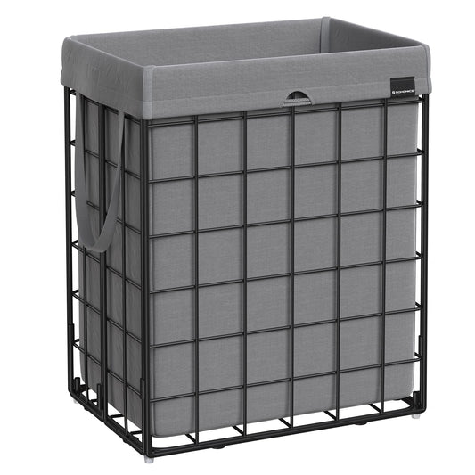 SONGMICS 90L Laundry Basket, foldable laundry hamper, detachable and washable laundry bag, metal wire frame, for bedroom, bathroom, laundry room, black-grey LCB190G01