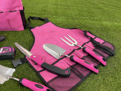 SIXTOL Garden PINK 12 garden tool set | 12 PCS garden accessories made of stainless steel | Garden apron as a gift for women | For gardeners | Garden tools with storage bag | Flower scissors, garden claw