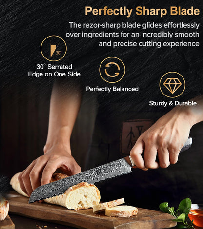 XINZUO 20cm Damascus steel bread knife - sharp and durable serrated blade professional kitchen knife - ergonomic Pakkawood handle with gift box - suitable for all types of bread and cake.