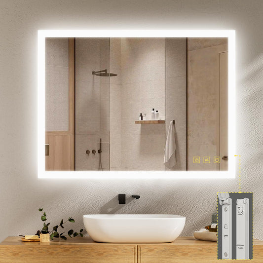 AI-LIGHTING Bathroom Mirror with Lighting 80x60 cm LED Lighted Bathroom Mirror with Socket, Fog-Free, 3 Light Colors Illuminated Mirror with Touch Switch Energy Efficient, Lunar Rectangle