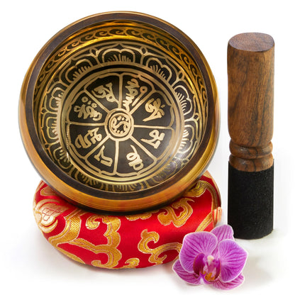 Tibetan Singing Bowl set with mallet and cushion in Lokta paper gift box. Singing Bowl from Tibet.