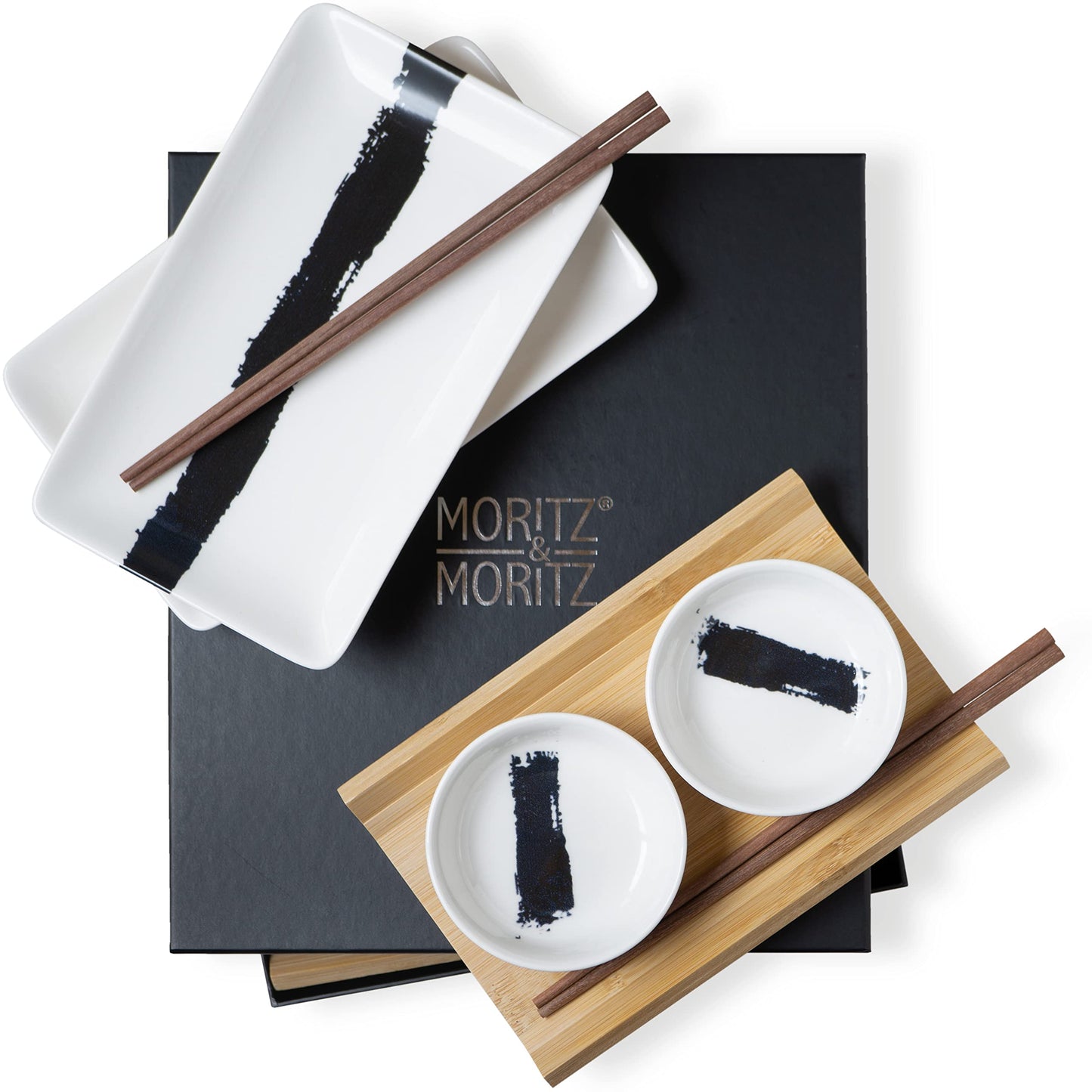 Moritz & Moritz 8-piece sushi tableware set for 2 people - sushi serving set with 2 sushi plates, dip bowls, and chopsticks.
