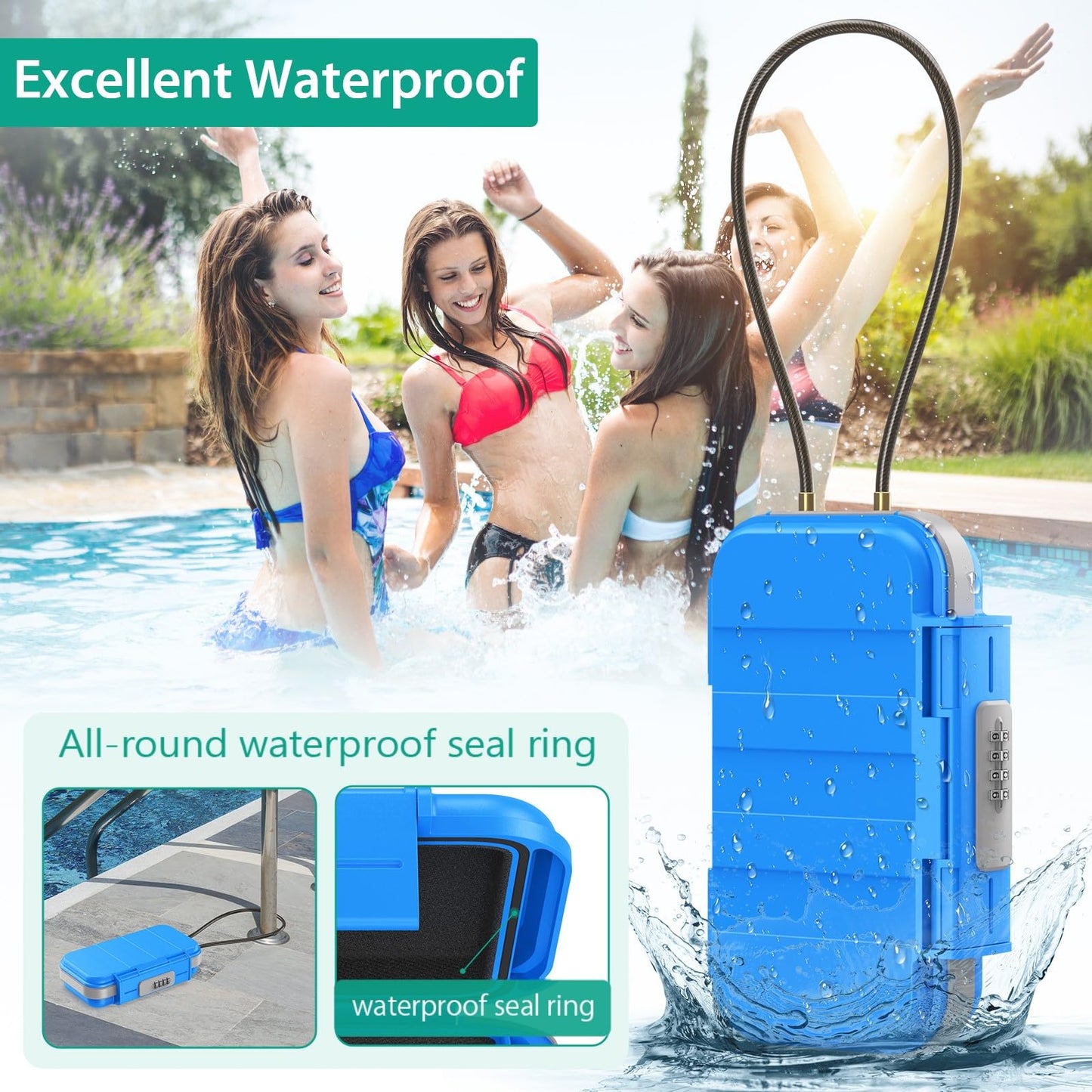 ORIA Portable Safe with Combination Lock, Key Safe Security Box Outdoor Safety Vault, with Removable Wire Rope, Waterproof Key Safe with Combination, for Travel, Beach, Camping - Blue