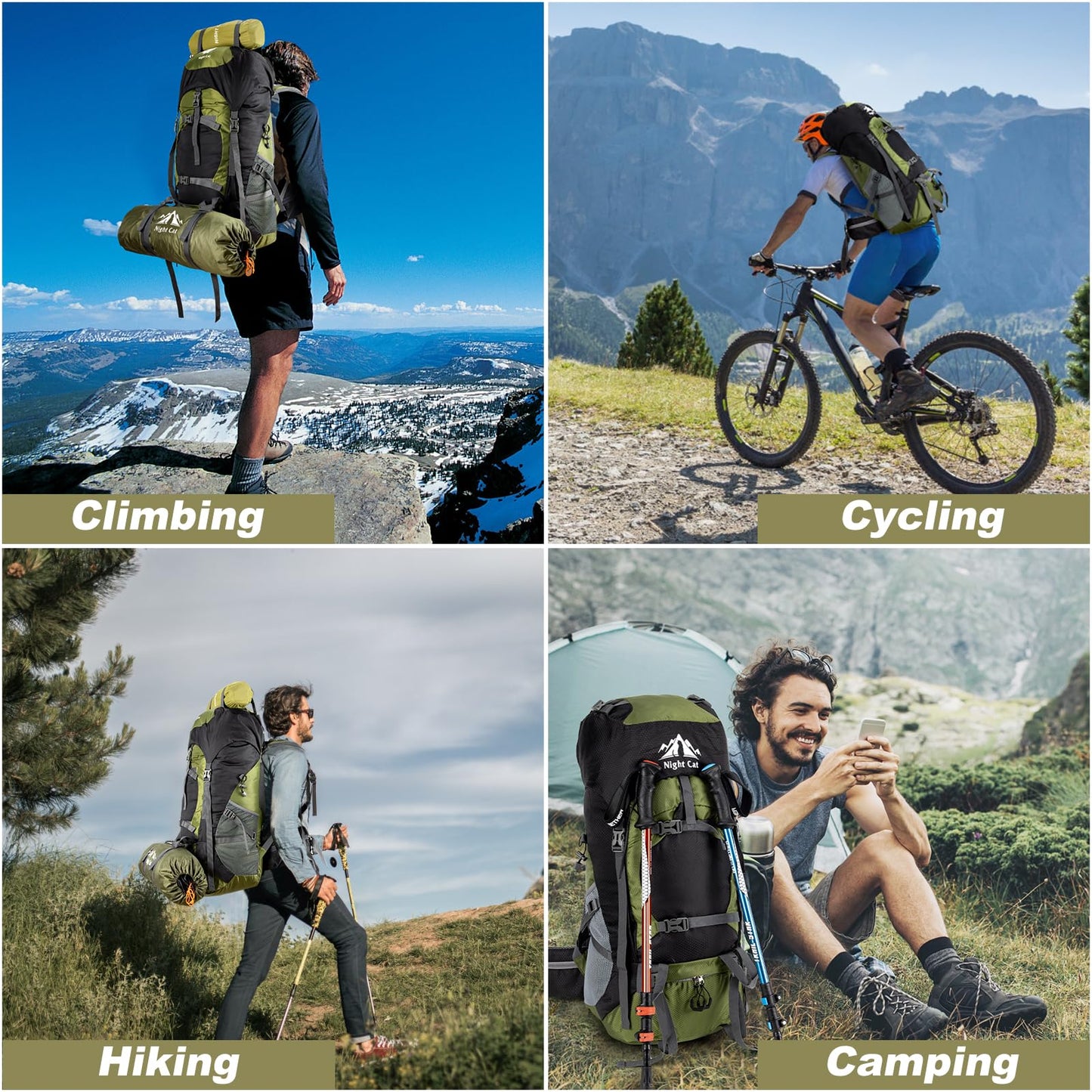 Night Cat Backpack 70L: Trekking Travel Backpack for Men and Women, Breathable for Camping, Hiking, Mountaineering, Climbing, and Bike Travel.