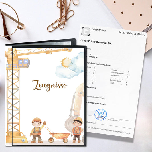Minilino report folder with 20 premium transparent sleeves A4 size. Protect and store school reports in this document folder for elementary school documents | Folder for certificates (excavator)