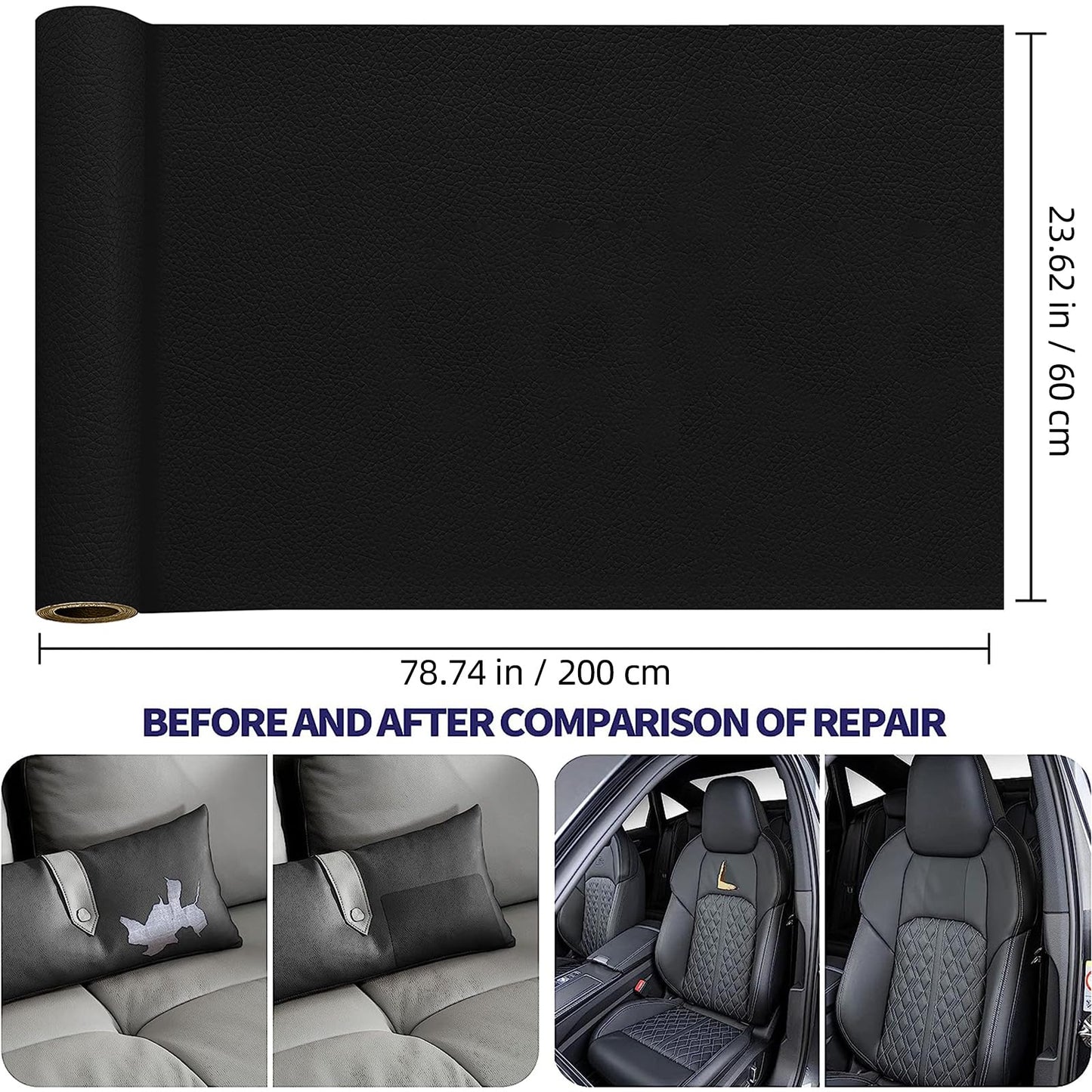 TOJUNE Faux Leather Self-Adhesive 60 X 200 cm, Self-Adhesive Leather Patch Repair Kit for Sofas, Furniture Repair, Kitchen Cabinets, Car Seats (Black)