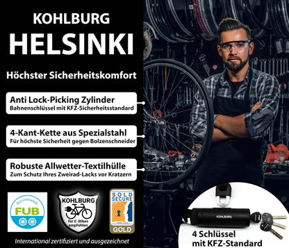 KOHLBURG Security Chain Lock - Lock 125cm long with 8.3mm thick 4-sided chain made of hardened special steel - secure bike lock with 4 keys for e-bikes, bicycles & motorcycles.