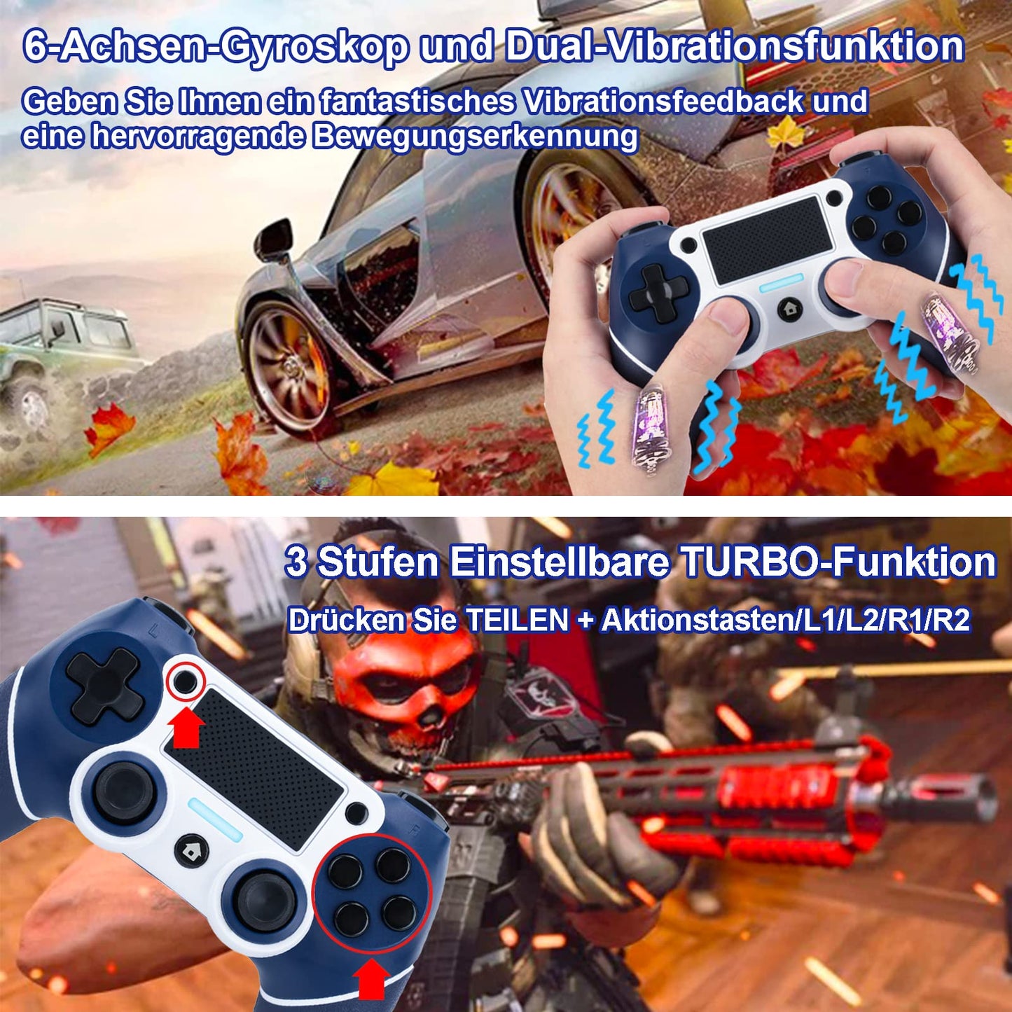 DuLingKer Wireless Controller compatible for PS4/Pro/Slim, Bluetooth gaming controller with vibration function, 6-axis gyro, turbo, 1000mAh battery, audio, game controller compatible with PS4