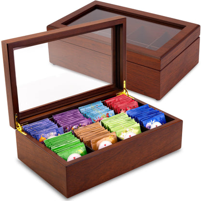 Apace Living Tea Box - Luxurious Wooden Tea Storage Box - 8 compartments for tea bags - Handcrafted box with scratch-resistant window - Elegant tea bag storage box.
