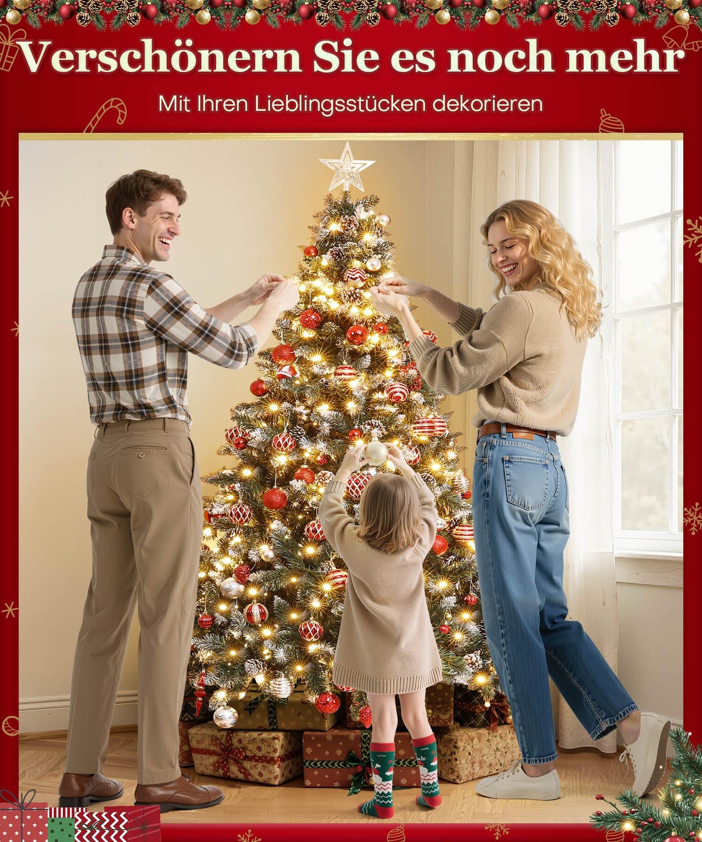 Yorbay artificial Christmas tree with lighting and white snow, LED pine tree for Christmas decoration with real pine cones, fire-resistant (180CM)