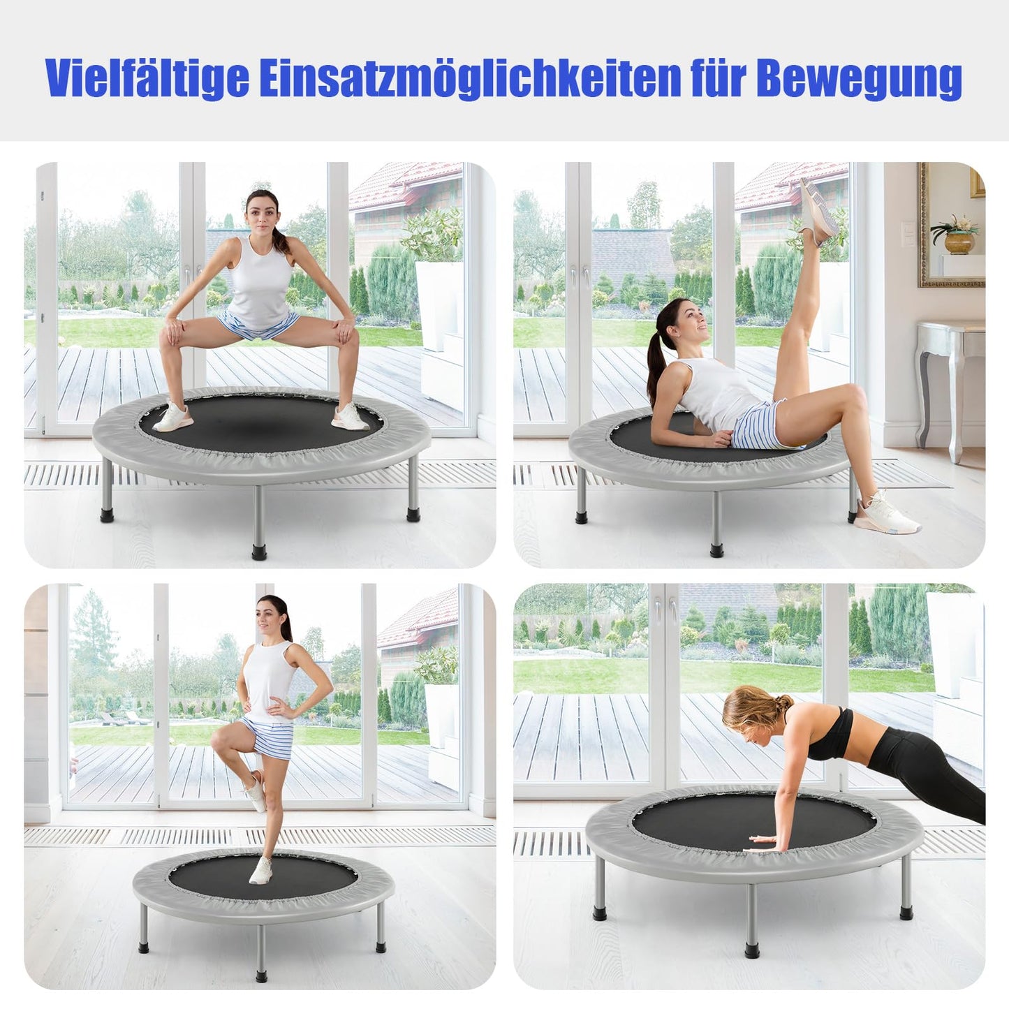 COSTWAY 97cm Mini Trampoline, foldable fitness trampoline for kids and adults up to 150kg, suitable for indoor and outdoor use. Available in grey.