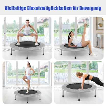 COSTWAY 97cm Mini Trampoline, foldable fitness trampoline for kids and adults up to 150kg, suitable for indoor and outdoor use. Available in grey.