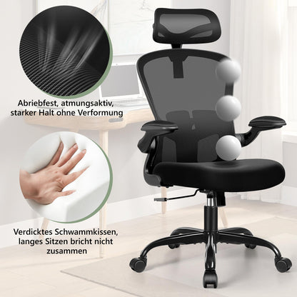 FelixKing Ergonomic Office Chair, Computer Chair, Adjustable Lumbar Support, 3D Headrest and Folding Armrests, Breathable Mesh Backrest, 300 lbs (Black)