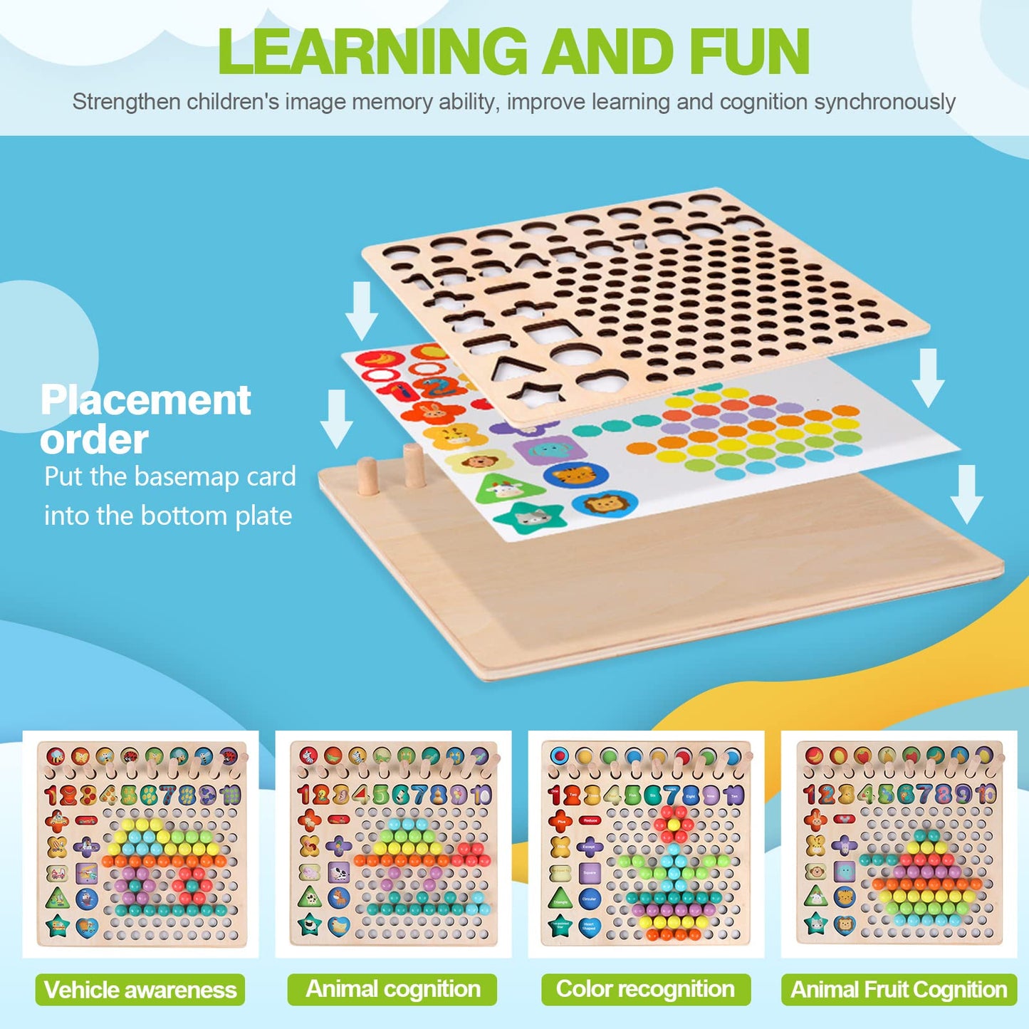 YLSCI Wooden Montessori Toy, Montessori Board Game, Fishing Game Wooden Clip Beads Board Game for Children from 3 years old, Large