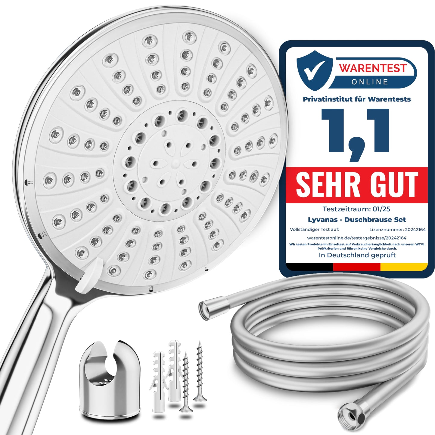 Lyvanas - WINNER - Shower head with hose and bracket - Shower head for shower & bathtub in extra large (Ø15cm) - Wellness rain shower with 5 spray settings (Premium Set 2025)