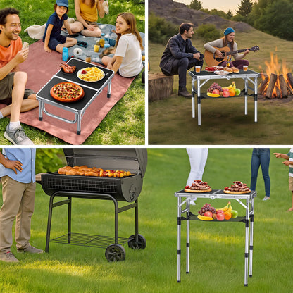 Offer camping table folding table 60x40cm aluminum frame with 3 adjustable heights 26/48/70cm picnic table with storage net portable multifunction table for camping beach balcony (black)