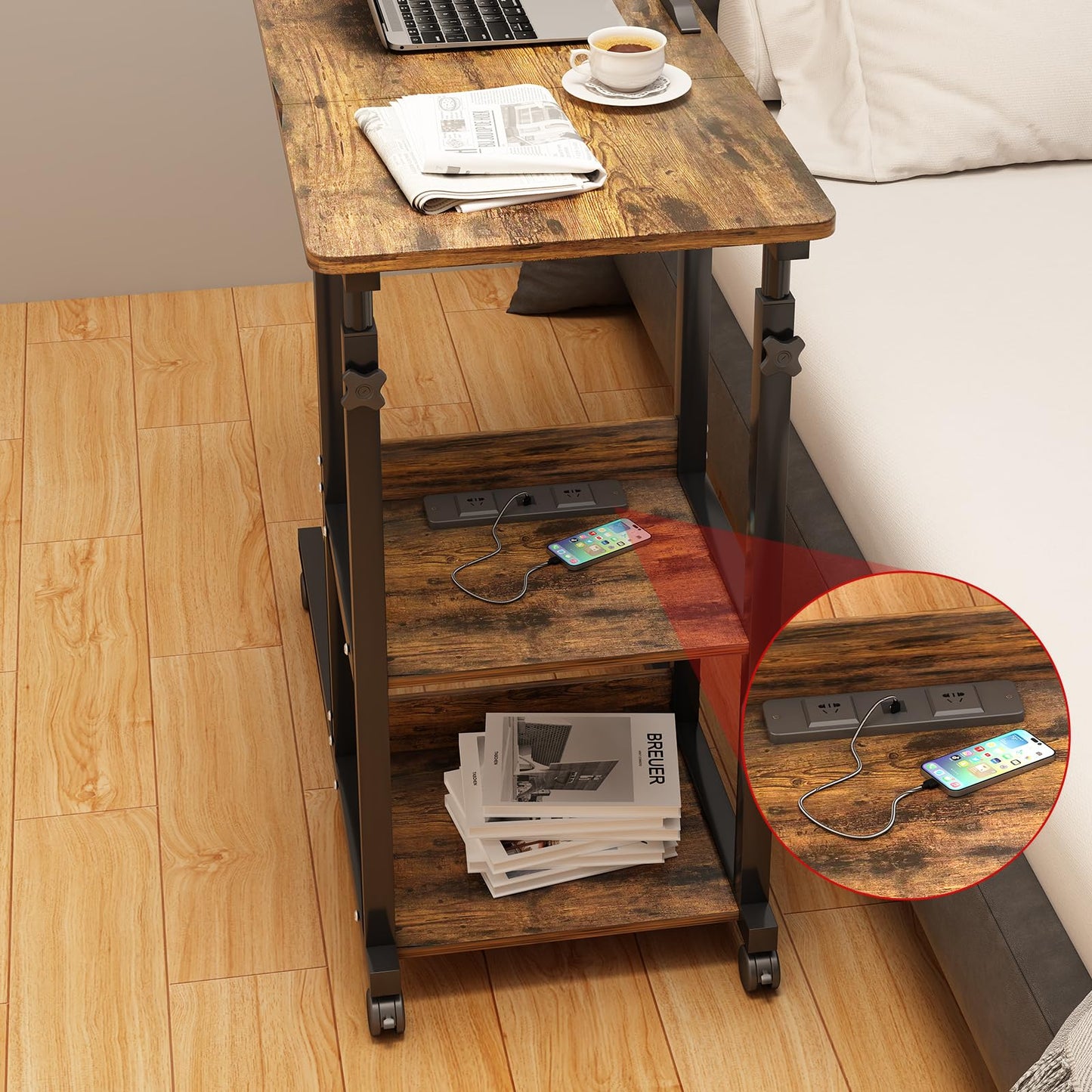 PIPIPOXER side table computer desk with socket and casters, height adjustable wooden desk with 80x40cm tabletop and 4 swivel 360° wheels for computer, laptop, bedroom.