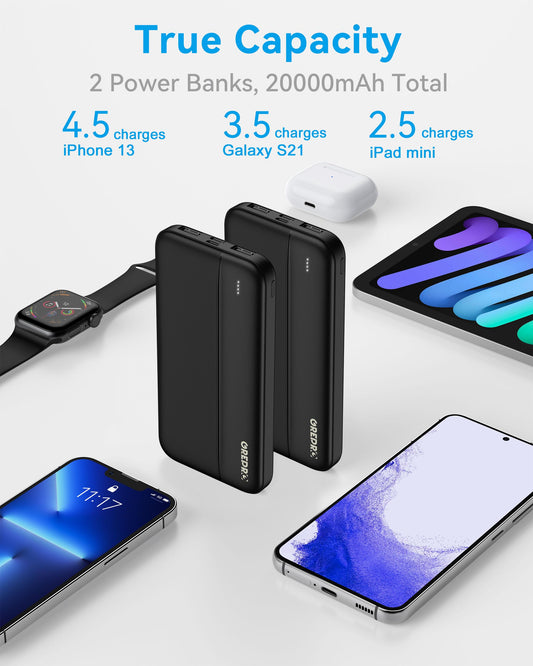 GREPRO PowerBank 10000mAh - 2 pack, External portable chargers, Small but powerful power bank with Type-c + Micro input ports and 2 USB + USB-C output ports for smartphones, tablets.