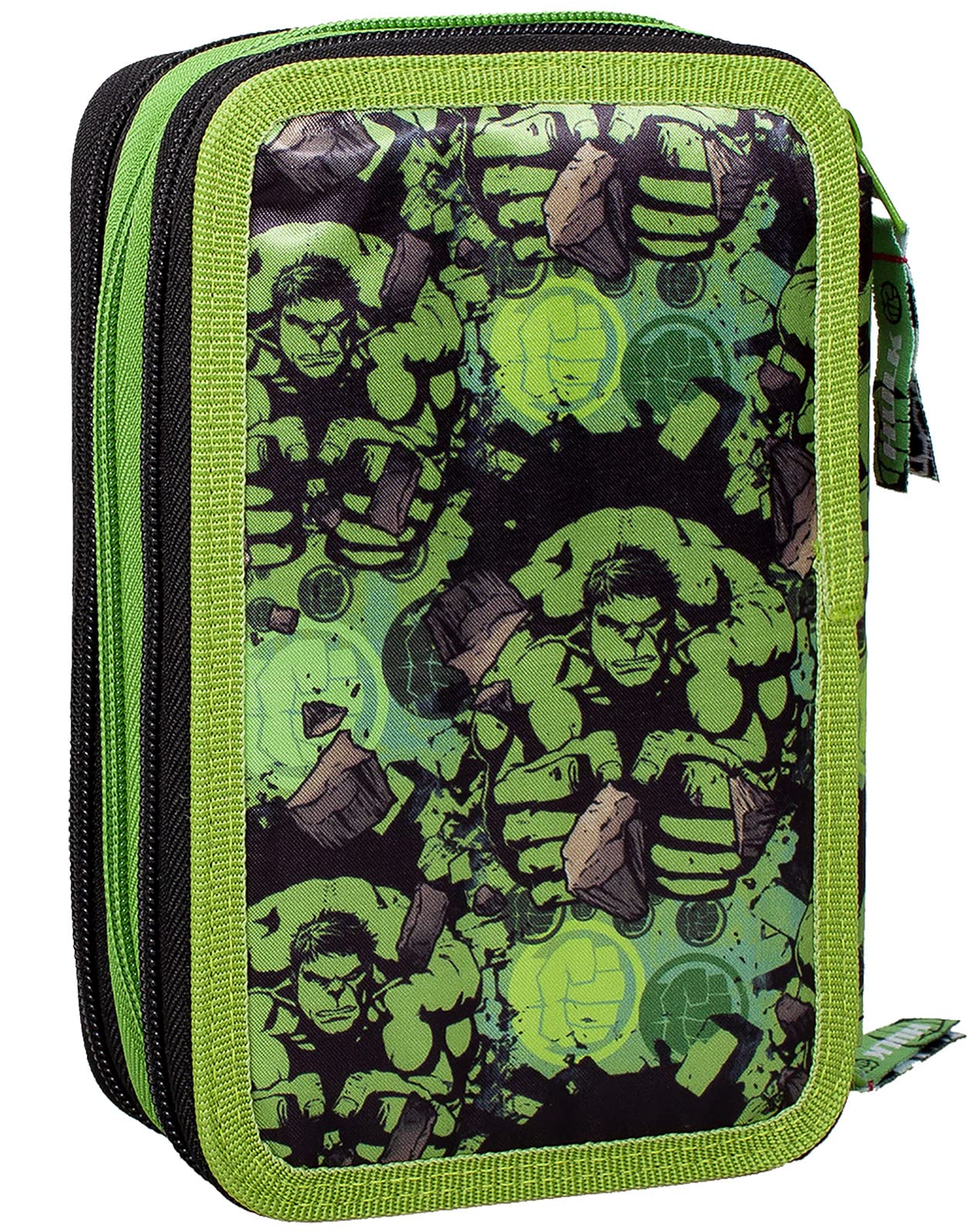 Clondo 3-compartment pencil case for Avengers Hulk fans - 44 pieces, fully filled - with scissors, ruler, colored pencils - Green - perfect for school & as a gift.