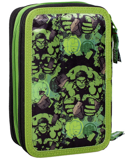 Clondo 3-compartment pencil case for Avengers Hulk fans - 44 pieces, fully filled - with scissors, ruler, colored pencils - Green - perfect for school & as a gift.
