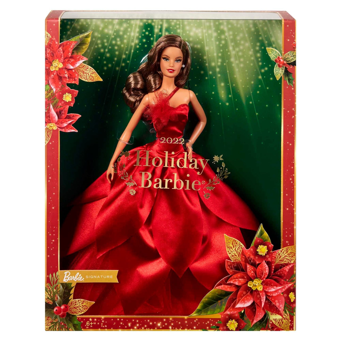 Barbie HBY05 Signature 2022 Holiday Doll (light brown wavy hair) with doll stand, collectible figurine, gift for kids ages 6 and up