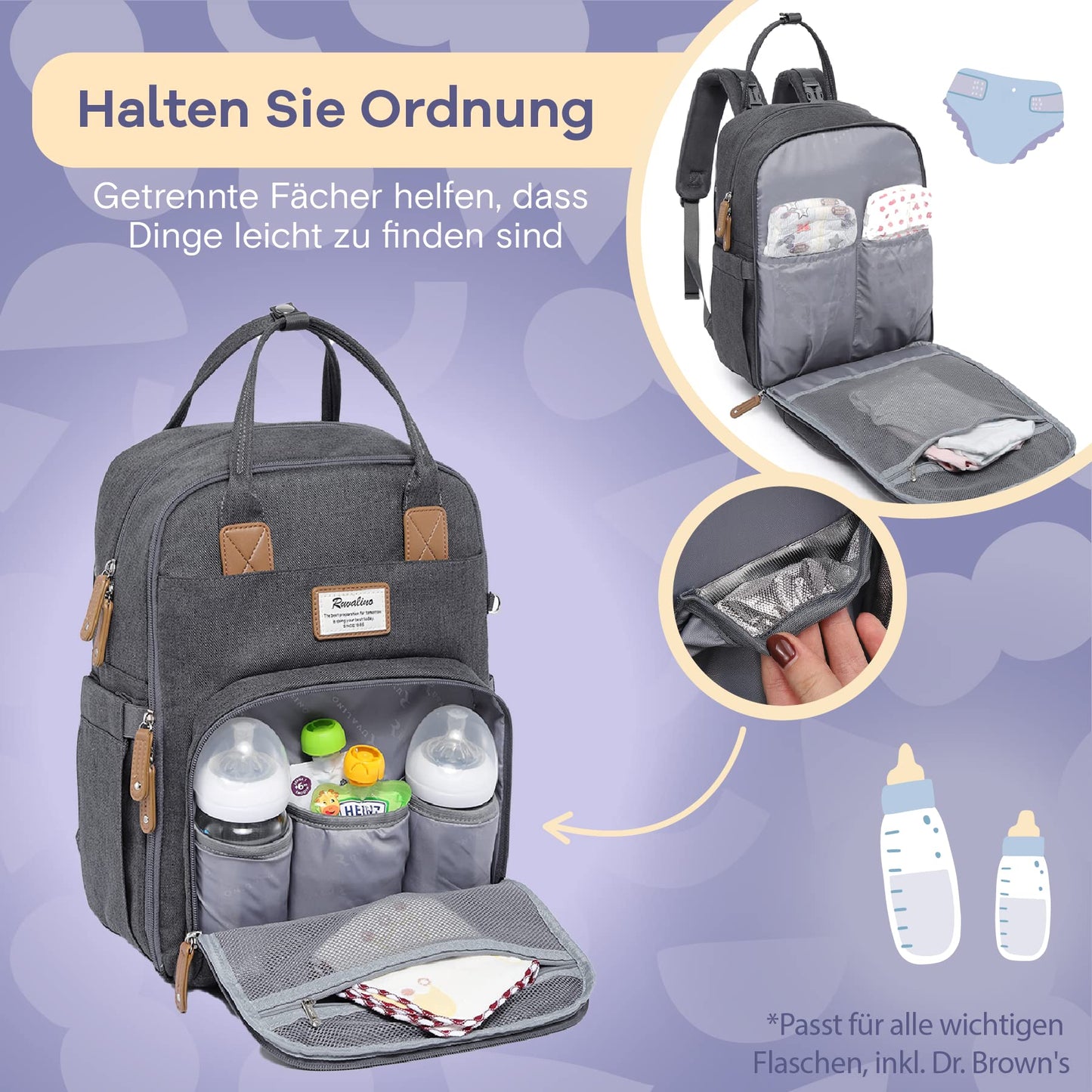RUVALINO Baby Diaper Bag Backpack with Portable Changing Pad, Pacifier Holder, and Stroller Straps, Multifunctional Baby Bag for Mom and Dad, Dark Gray