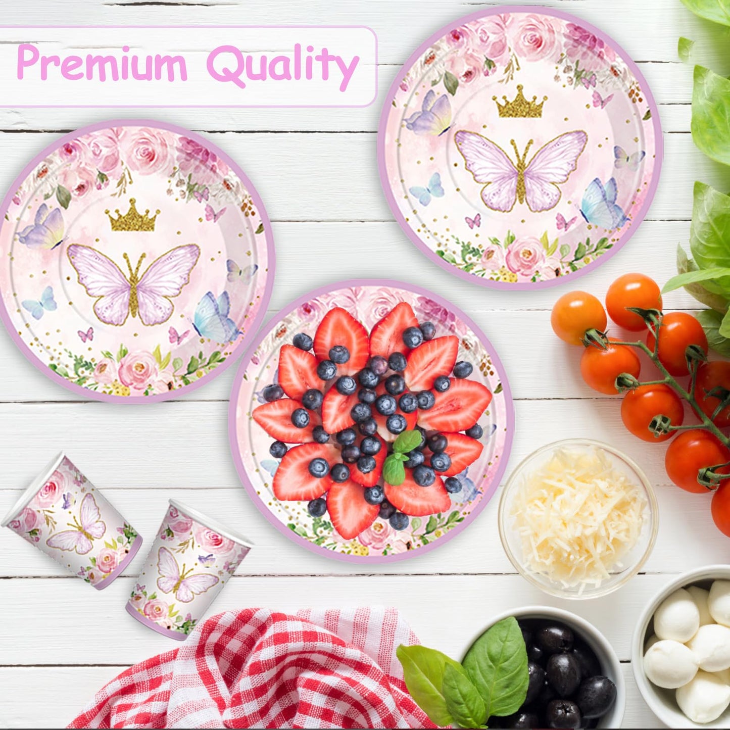 Butterfly party tableware set for birthday - decorations, balloons, paper plates, tablecloth for girls' party decoration - 16 guests