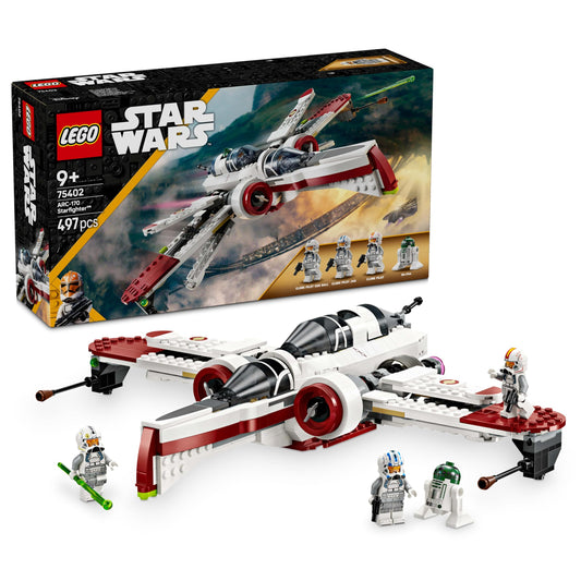 LEGO Star Wars 75402 ARC-170 Starfighter toy comes with 4 minifigures including Clone Pilot and R4-P44 Droid. A collector's item and a perfect gift for fans of Revenge of the Sith, suitable for boys and girls aged 9 and above.