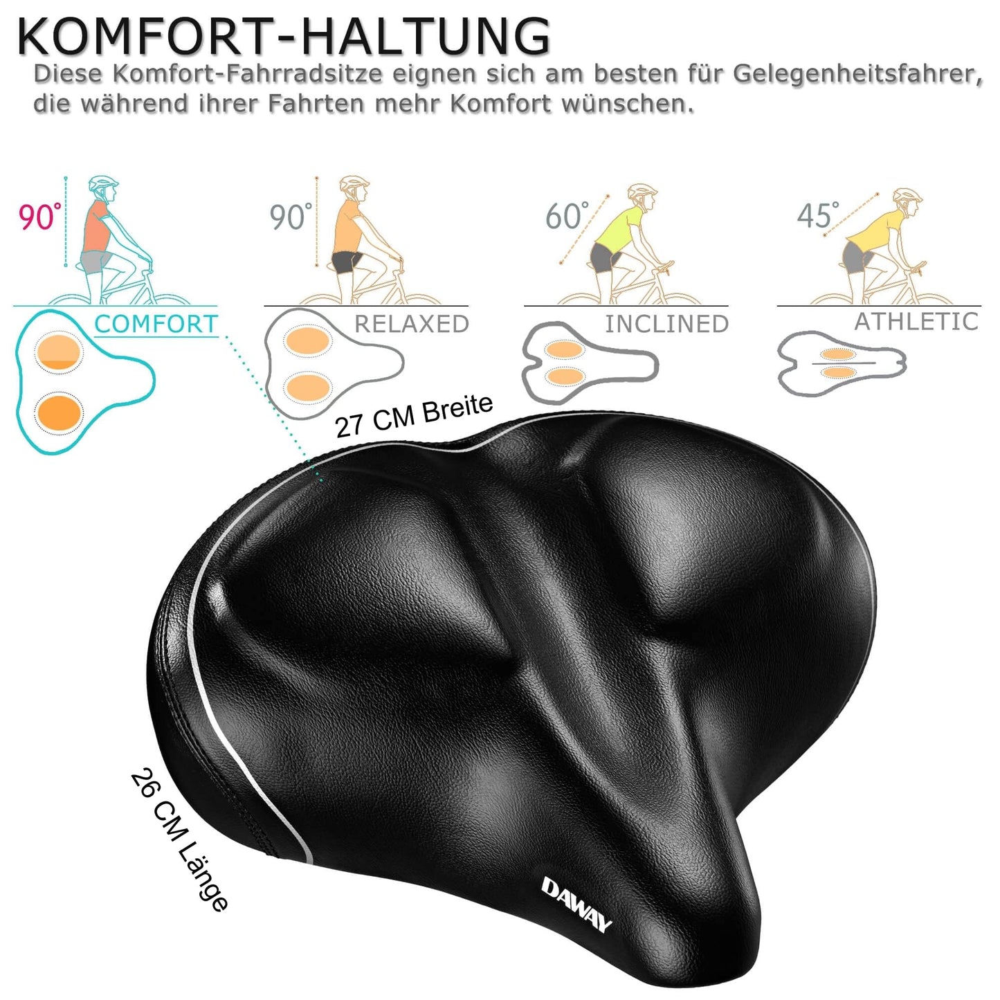 DAWAY C40i Oversized Comfortable Bike Seat City - Extra Soft Foam Padded Bicycle Saddle for Women Men Seniors, Universal Replacement Bike Seat for Exercise Bike, MTB, Ebike, City Bike, Road Bike