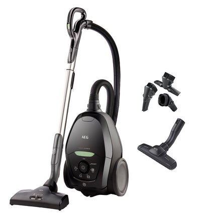AEG vacuum cleaner with bag, 75% recycled material, automatic suction power control, extremely quiet even on carpet, captures large and small particles, long cord, 600W, black, VX82-1-ECO