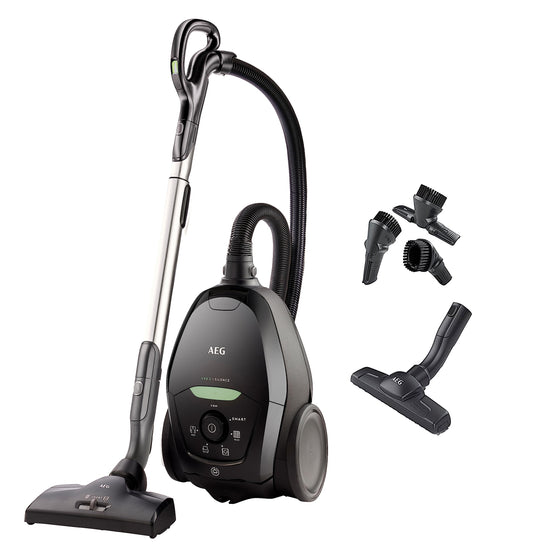 AEG vacuum cleaner with bag, 75% recycled material, automatic suction power control, extremely quiet even on carpet, captures large and small particles, long cord, 600W, black, VX82-1-ECO