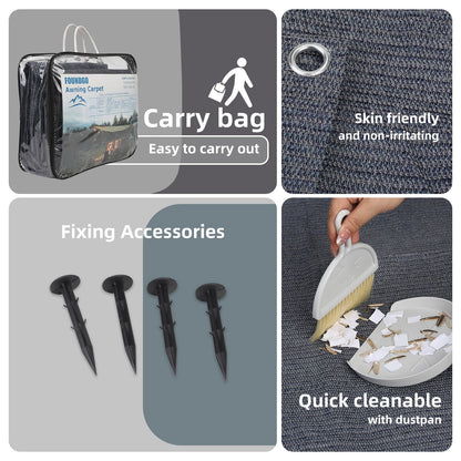 FoundGo awning carpet with eyelets [280g/m² HDPE] Camping carpet Outdoor awning floor including carrying bag Steel nails & Small broom Blue/Grey 250x500cm