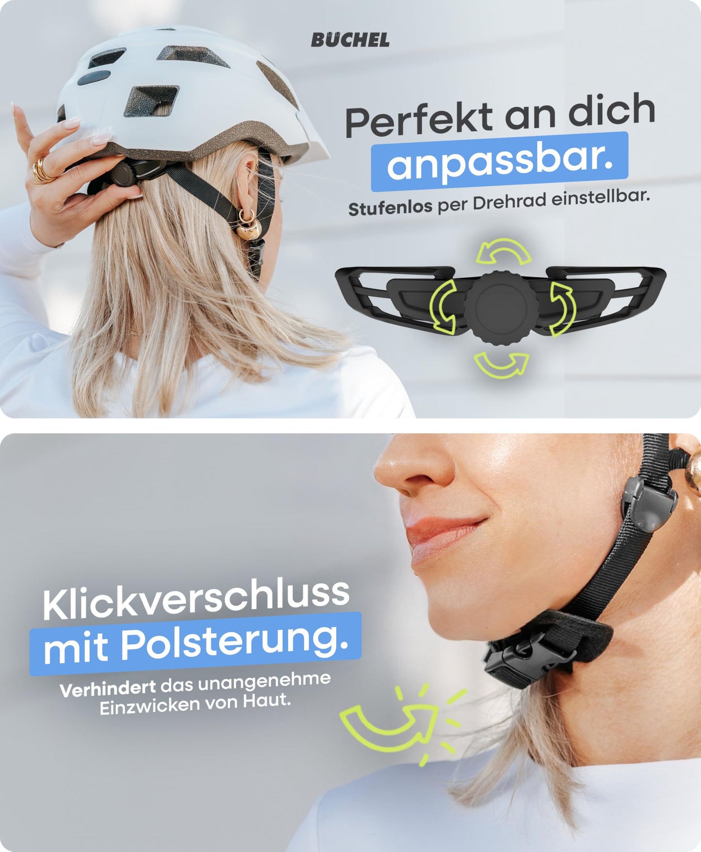 BÜCHEL Bike Helmet with In-Mold Technology - for kids & adults - Cam Lock, chin padding & fly net - Sizes M 52-57 cm & L 58-61 cm - Black, White, Grey (White Matte, L, 58-61cm)