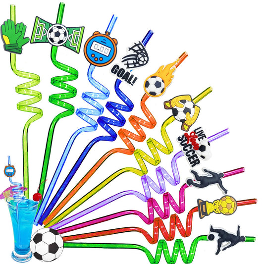 10 pcs kids' soccer straws, reusable plastic straws, curly party drinking straws, soccer drinking straws for kids' birthday party decorations, family gathering accessories, party favors