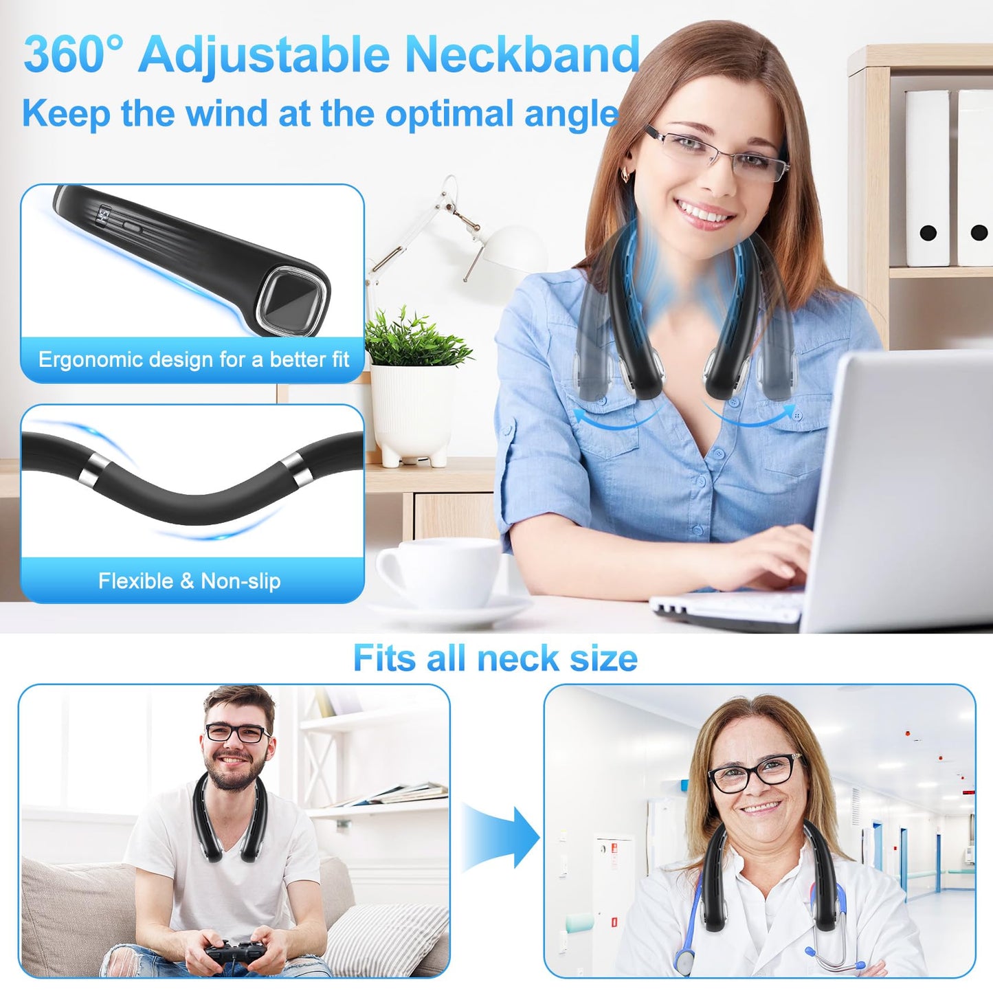 USB Fan Neck Battery Quiet Strong with LCD, Neck Fan Portable Small 5 Levels 360° Adjustable, Neck Fans Rechargeable Mini Neck Fan for On the Go Travel Camping Office Black