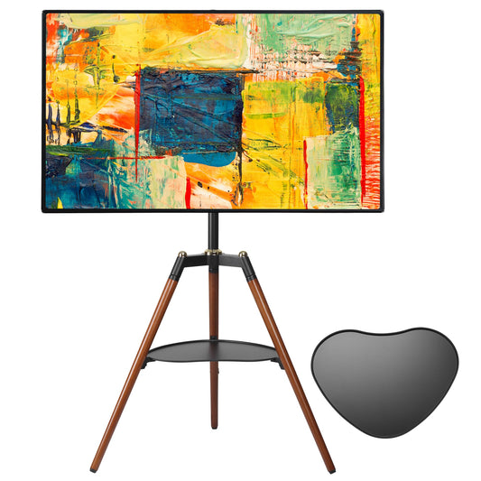 ETHU Tripod TV Stand Wooden TV Easel for 32-65 inch TVs, Height Adjustable TV Floor Stand with Media Shelf for LED/LCD Screens, TV Stand with 140° Swivel Function VESA 600x400mm