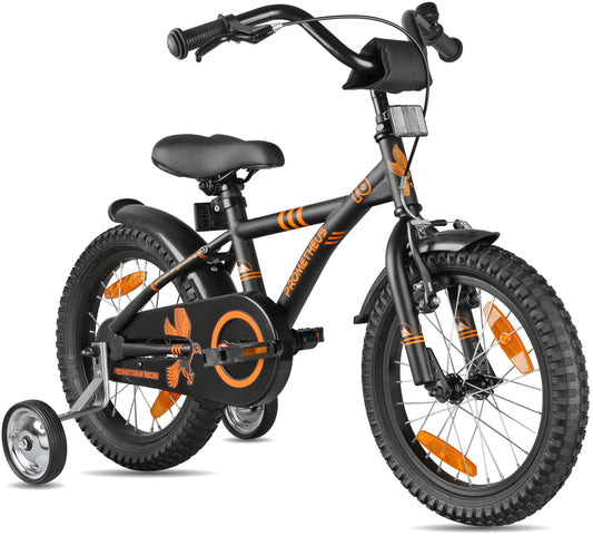 PROMETHEUS BICYCLES kids bicycle 16 inch for ages 5 and up - kids bike girls boys bike children with training wheels coaster brake in matt black orange