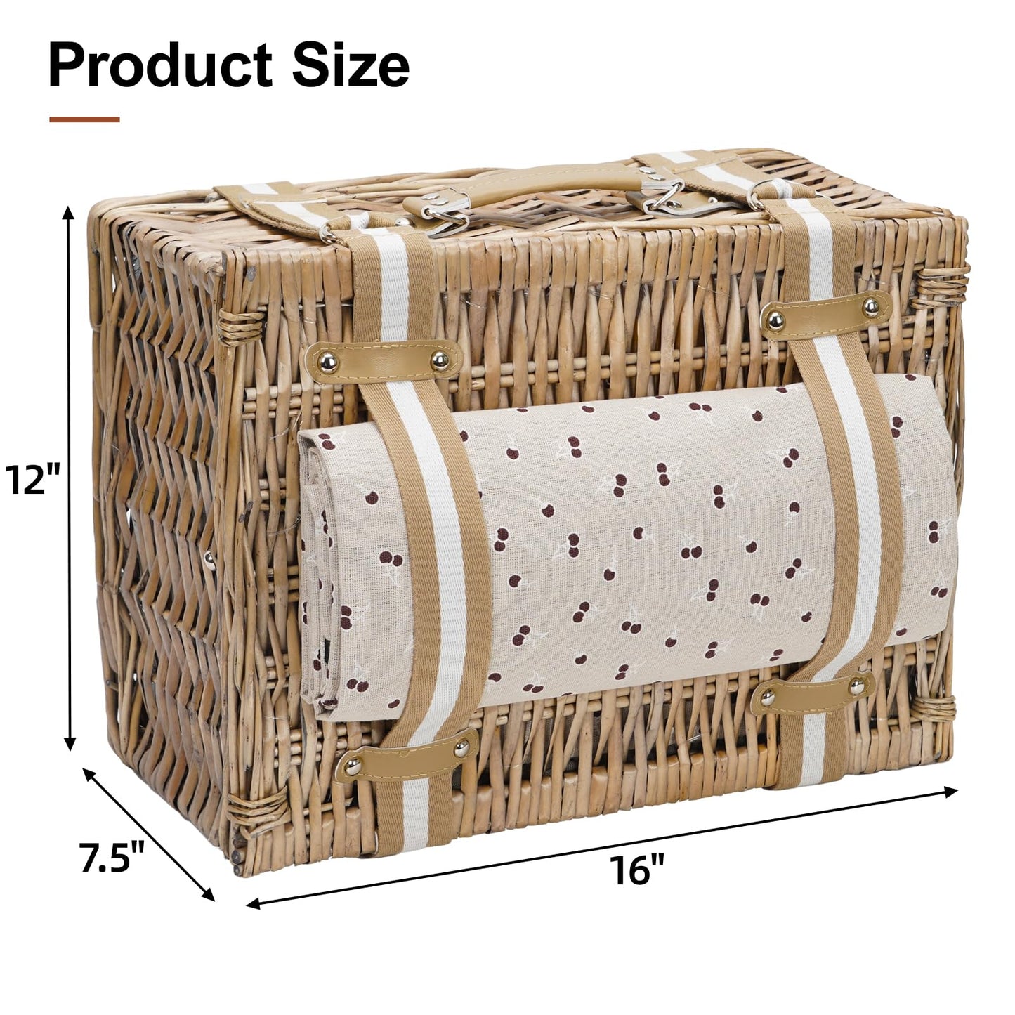 Picnic basket made of wicker for 4 people, with large insulated cooler bag and waterproof picnic blanket. Picnic set basket for camping, outdoor, Valentine's Day, Christmas, Thanksgiving.