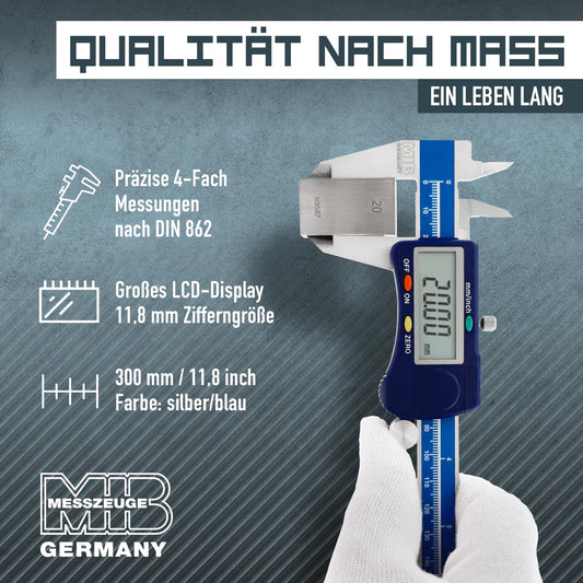 MIB Digital Caliper with Wheel DIN 862 300mm | Tool for precise measurements | Digital caliper made of stainless steel | Digital sliding caliper with large LCD display | 4-way measurement